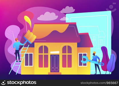 Workers with paintbrush and wrench improving the house. House renovation, property renovation, house remodeling and onstruction services concept. Bright vibrant violet vector isolated illustration. House renovation concept vector illustration.