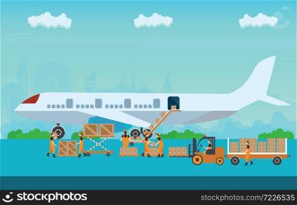 Workers working to Loading boxes preparing to flight aircraft with platform of air freight. Air cargo transportation conceptual, Flat style vector illustration.