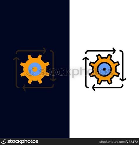 Workflow, Automation, Development, Flow, Operation Icons. Flat and Line Filled Icon Set Vector Blue Background