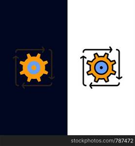Workflow, Automation, Development, Flow, Operation Icons. Flat and Line Filled Icon Set Vector Blue Background