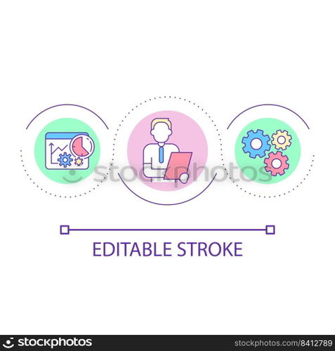 Workflow efficiency study loop concept icon. Business processes analytics. Expert consultation abstract idea thin line illustration. Isolated outline drawing. Editable stroke. Arial font used. Workflow efficiency study loop concept icon
