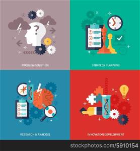 Workflow Icons Set. Workflow and business icons set with problem solution strategy planning research and development symbols flat isolated vector illustration