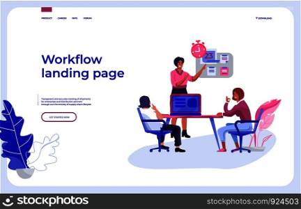 Workflow landing page. Office people team interacting with business dashboard and communicating. Vector illustrations isometric background work organization web page. Workflow landing page. Office people team interacting with business dashboard and communicating. Vector work organization page