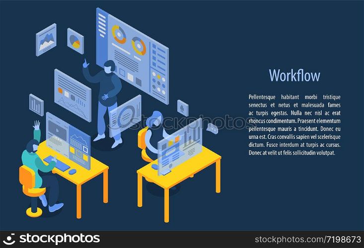 Workflow management concept banner. Isometric illustration of workflow management vector concept banner for web design. Workflow management concept banner, isometric style