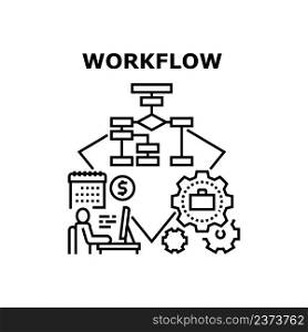 Workflow Manager Vector Icon Concept. Workflow Manager At Computer Workplace, Businessman Planning Strategy For Earning Money And Increasing Sales. Working Process Black Illustration. Workflow Manager Vector Concept Black Illustration