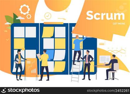 Workgroup discussing project. Scrum meeting, Kanban board, diagram, work on laptop. Business concept. Vector illustration can be used for presentation slides, posters, banners. Workgroup discussing project. Scrum meeting