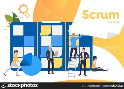 Workgroup discussing project. Scrum meeting, kanban board, report, professionals. Business concept. Vector illustration can be used for presentation slides, posters, banners. Workgroup discussing project