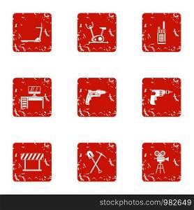 Working area icons set. Grunge set of 9 working area vector icons for web isolated on white background. Working area icons set, grunge style