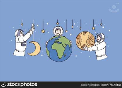Working as astronaut and universe concept. Young men astronauts in working uniform holding planets and stars embracing universe vector illustration . Working as astronaut and universe concept.