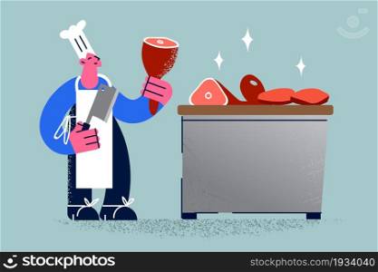 Working as butcher with meat concept. Young man butcher cartoon character wearing apron and hat standing holding beef leg in hands vector illustration . Working as butcher with meat concept.