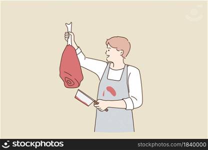 Working as butcher with meat concept. Young smiling man butcher in apron standing holding beef leg in hands for selling vector illustration . Working as butcher with meat concept.