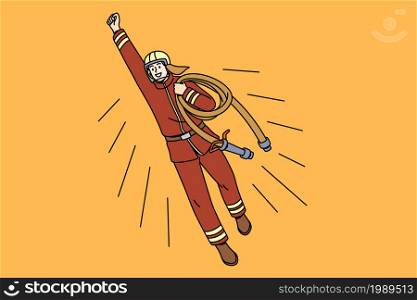 Working as fireman hero concept. Young smiling man cartoon character fireman flying above with hand up over yellow background vector illustration . Working as fireman hero concept.