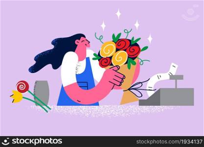 Working as florist in shop concept. Young smiling woman cartoon character florist working making fresh flower bouquet in floral store vector illustration . Working as florist in shop concept.