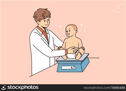Working as pediatrician with babies concept. Young man doctor in white uniform standing and measuring happy baby weight with scales vector illustration . Working as pediatrician with babies concept.