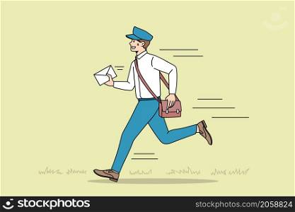 Working as postman with letters concept. Young smiling man working as postman wearing uniform running hurrying up with letter for person vector illustration. Working as postman with letters concept.