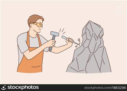 Working as stonecutter with tools concept. Young positive man stonecutter using hammer and stick to work with rock stone concrete wearing glasses and apron vector illustration . Working as stonecutter with tools concept