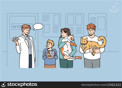 Working as veterinarian with animals concept. Young smiling doctor veterinarian standing and greeting clients with mouse cat and dog on clinic vector illustration . Working as veterinarian with animals concept