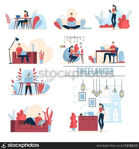 Working at Home Female, Male Freelancers Characters Trendy Flat Vector Set Isolated on White Background. Man and Woman Working on Distance, Sitting at Table, Lying on Sofa, Using Laptop Illustration