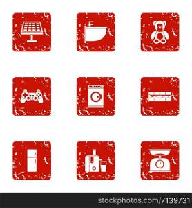 Working at home icons set. Grunge set of 9 working at home vector icons for web isolated on white background. Working at home icons set, grunge style