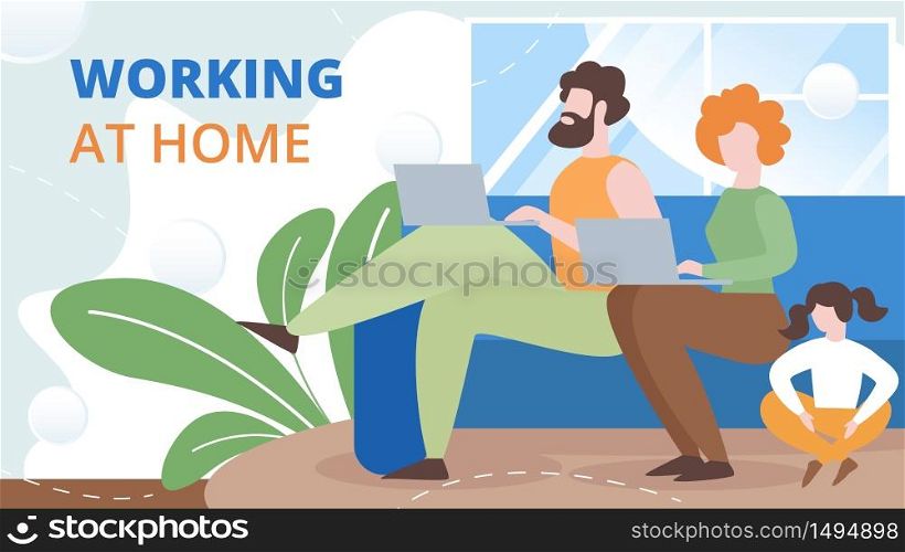 Working at Home, Online Business, Freelance Work Flat Vector Concept with Couple with Child Networking on Sofa, Father and Mother Using Laptop, Messaging Online from House Living Room Illustration