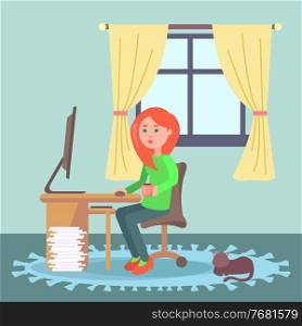 Working at home, young girl with cup in hand, drink coffee using computer sitting at table, freelance work, domestic cat laying at carpet, leisure time, businesswoman or student using internet. Working at home, young girl with cup in hand using computer sitting at table, freelance work