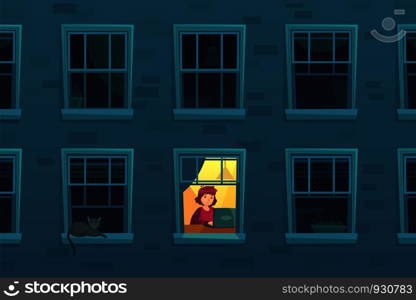 Working at night. Busy workaholic works home at nights when neighbors asleep, lonely man in window frame. Designer freelancer or it programmer job deadline cartoon vector illustration. Working at night. Busy workaholic works home at nights when neighbors asleep, lonely man in window frame cartoon vector illustration