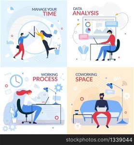 Working Banner Set with Flat Cartoon Office People. Time Management, Workflow Process, Data Analysis, Coworking Space. Freelance, Entrepreneur, Dealer, Marketer, Analytics. Vector Flat Illustration. Working Banner Set with Flat Cartoon Office People