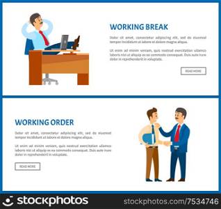 Working break and receiving instructions or order from boss. Conversation between colleagues. Leader resting at table with legs up vector poster. Working Break and Receiving Instructions or Order
