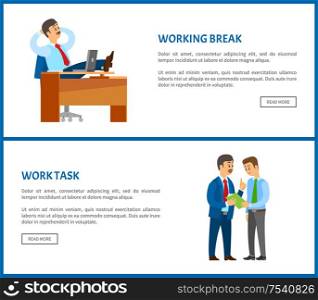 Working break, boss resting in office, put legs on table. Leader with mustaches giving task to worker beginner, discussion contract details web pages. Working Break, Boss Resting in Office, Task Info