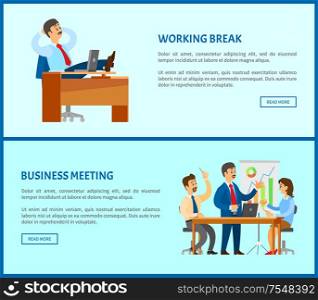 Working break, boss resting in office, put legs on table. Business meeting with colleagues, report depicting charts and graphs,employees sitting at table. Working Break, Boss in Office, Business Meeting