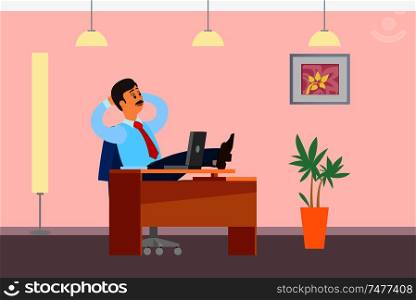 Working break, boss resting in office, put legs on table. Leader in relaxed pose. Chief worker dreaming at workplace, poster with interior design. Working Break Boss Resting in Office Legs on Table
