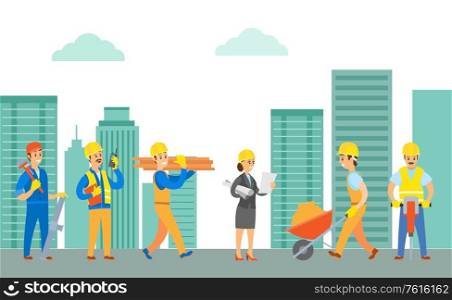 Working builders and engineers vector, supervising woman with paper and list of things to do, man with carriage loaded with sand or cement, drill. Working People, Builders with Tools and Materials