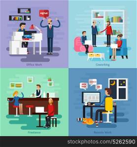 Working Character Composition Set. Four square working character composition set with office work coworking freelance and remote work descriptions vector illustration
