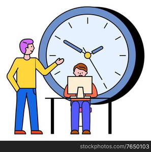 Working character with boss. Office worker with laptop, typing info on personal computer. Clock as sign to time management and deadline. Organization of tasks and workplace vector in flat style. Time Management and Manager with Laptop at Work