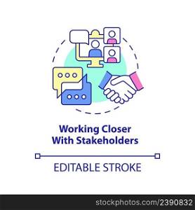 Working closer with stakeholders concept icon. Advantage of online collaboration abstract idea thin line illustration. Isolated outline drawing. Editable stroke. Arial, Myriad Pro-Bold fonts used. Working closer with stakeholders concept icon