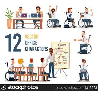 Working Company Employees, Business People in Office Trendy Flat Vector Characters Set. Disabled People in Wheelchair, Coworkers Using Laptops, Team Planning Business Strategy on Meeting Illustrations