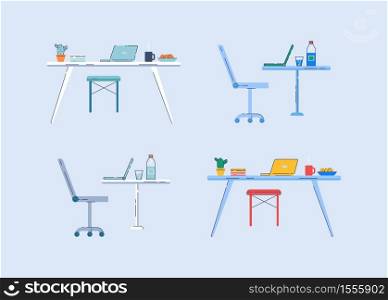 Working desktop semi flat RGB color vector illustrations set. Workplaces for remote job or work in office. Tables with laptops, plants, food and drinks isolated cartoon objects pack on blue background. Working desktop semi flat RGB color vector illustrations set