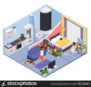 Working distantly following gym program online during corona virus stay home isometric apartment interior vector illustration