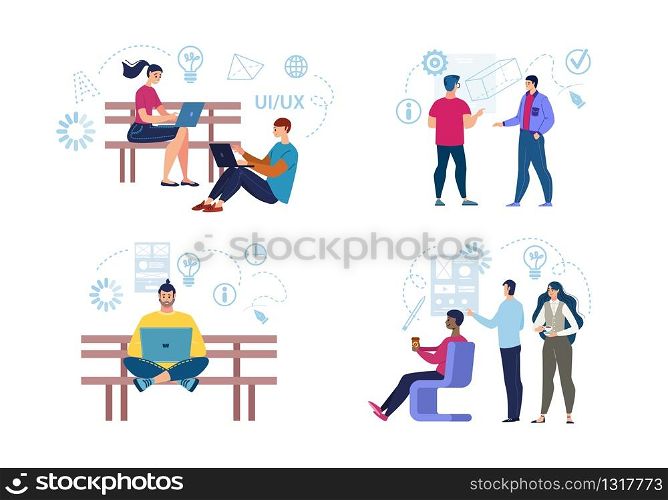 Working Distantly Young Freelancers, Self-Employed People Communicate with Coworkers Online, Remote Learning Students Using Laptop Trendy Flat Vector Illustrations Set Isolated on White Background