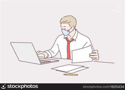 Working during coronavirus pandemic concept. Male entrepreneur analyzing business reports and wearing medical protective face mask working in office during virus epidemic vector illustration . Working during coronavirus pandemic concept