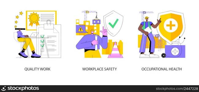 Working environment abstract concept vector illustration set. Quality work, workplace safety, occupational health, employee performance, workplace assessment, injury prevention abstract metaphor.. Working environment abstract concept vector illustrations.