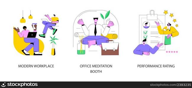 Working environment and productivity abstract concept vector illustration set. Modern workplace, office meditation booth, performance rating, employee happiness and wellbeing abstract metaphor.. Working environment and productivity abstract concept vector illustrations.