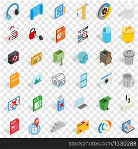 Working file icons set. Isometric style of 36 working file vector icons for web for any design. Working file icons set, isometric style