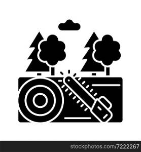 Working forest black glyph icon. Lumber industry. Cutting trees industrial area. Timber material production. Forestry business. Silhouette symbol on white space. Vector isolated illustration. Working forest black glyph icon