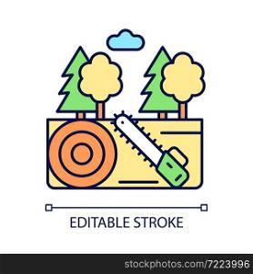 Working forest RGB color icon. Lumber industry. Cutting trees industrial area. Timber material production. Forestry business. Isolated vector illustration. Simple filled line drawing. Editable stroke. Working forest RGB color icon
