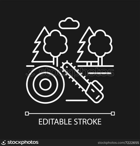 Working forest white linear icon for dark theme. Lumber industry. Deforestation. Timber production. Thin line customizable illustration. Isolated vector contour symbol for night mode. Editable stroke. Working forest white linear icon for dark theme