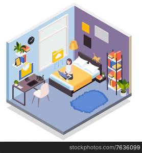 Working from home isometric composition with young woman cat lover with laptop in bedroom vector illustration