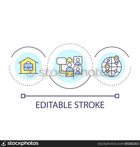 Working from home loop concept icon. Video conference. Global interaction. Remote working. Home office abstract idea thin line illustration. Isolated outline drawing. Editable stroke. Arial font used. Working from home loop concept icon