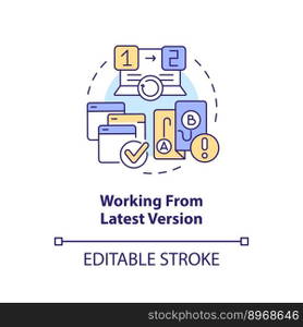 Working from latest version concept icon. Source code management best practice abstract idea thin line illustration. Isolated outline drawing. Editable stroke. Arial, Myriad Pro-Bold fonts used. Working from latest version concept icon