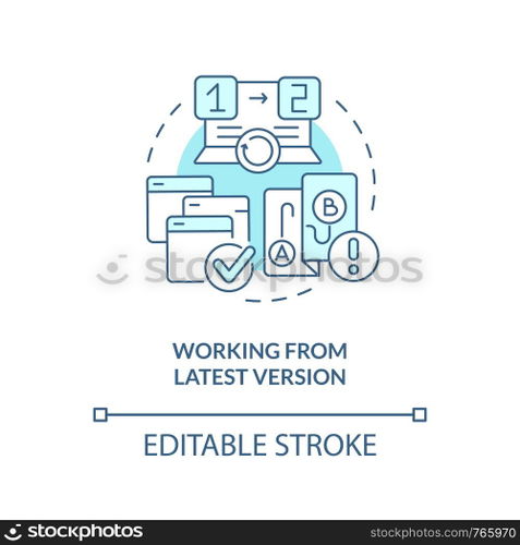 Working from latest version turquoise concept icon. Source code management practice abstract idea thin line illustration. Isolated outline drawing. Editable stroke. Arial, Myriad Pro-Bold fonts used. Working from latest version turquoise concept icon